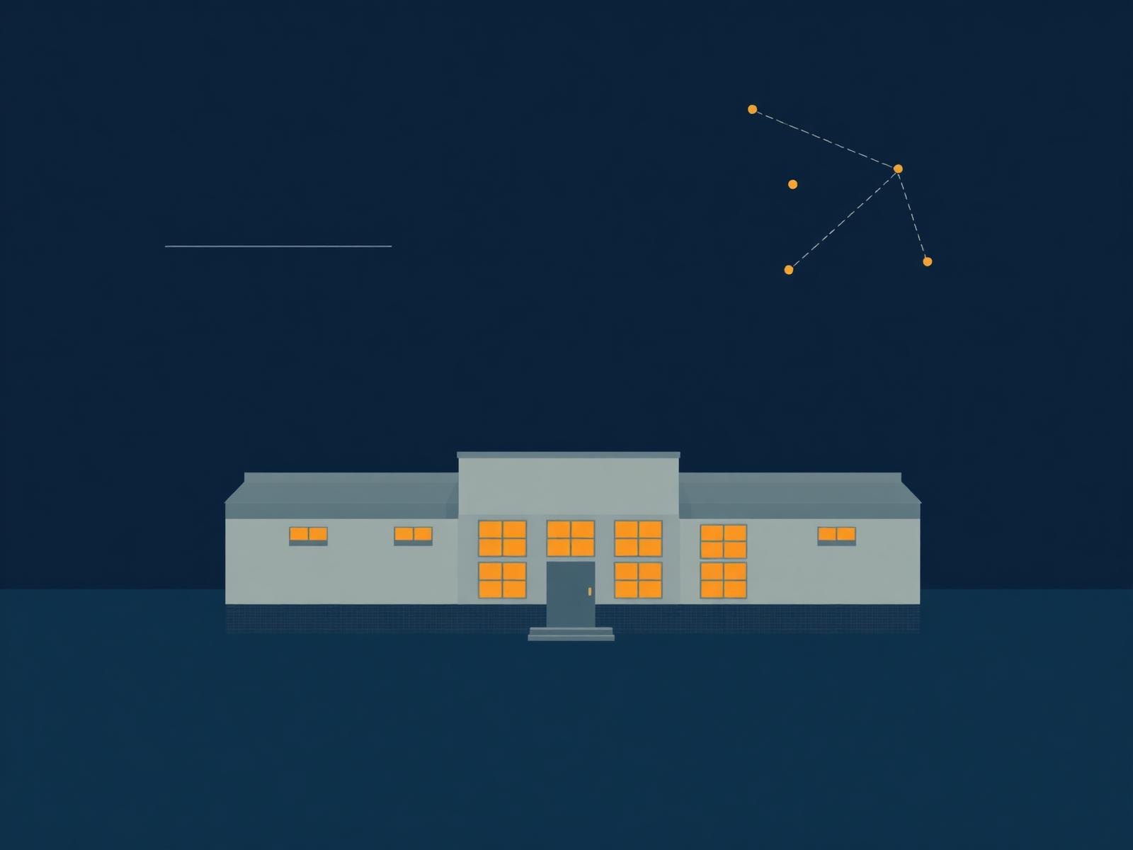 Illustration of a school building at dusk with warm amber-lit windows under a navy sky patterned with faint data points